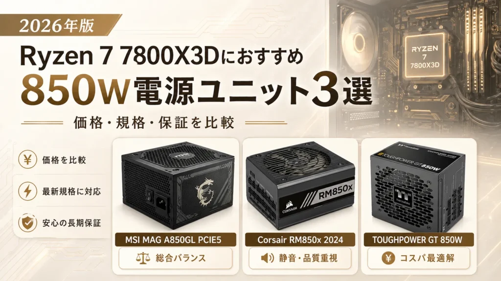 Ryzen 7 7800X3Dにおすすめの850W電源ユニット3選を比較した2026年版アイキャッチ画像